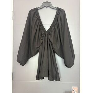 MAKEMECHIC Womens Black Deep V-Neck Ruched Balloon Sleeve dress  Size M NWT